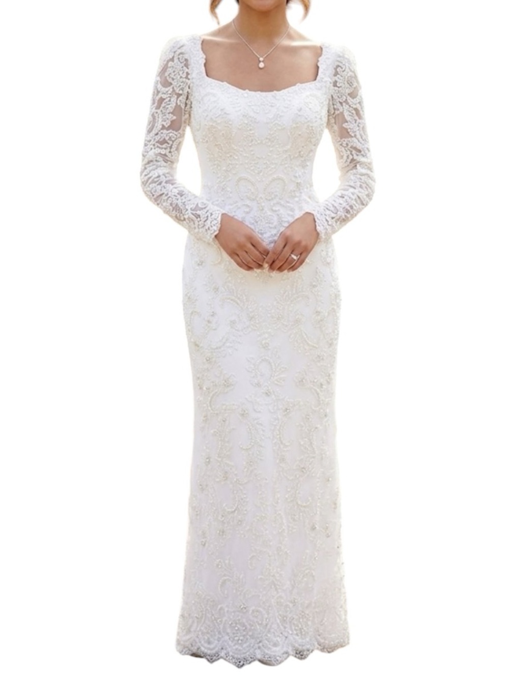 Vtg Amy Lee Hilton Bridal Wedding Dress White Satin Scalloped Pearls Train 8